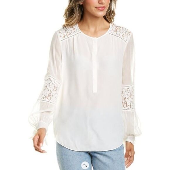 Rebecca Taylor Silk Henley Lace Panel Sarah Top Size 8 - Picture 1 of 11